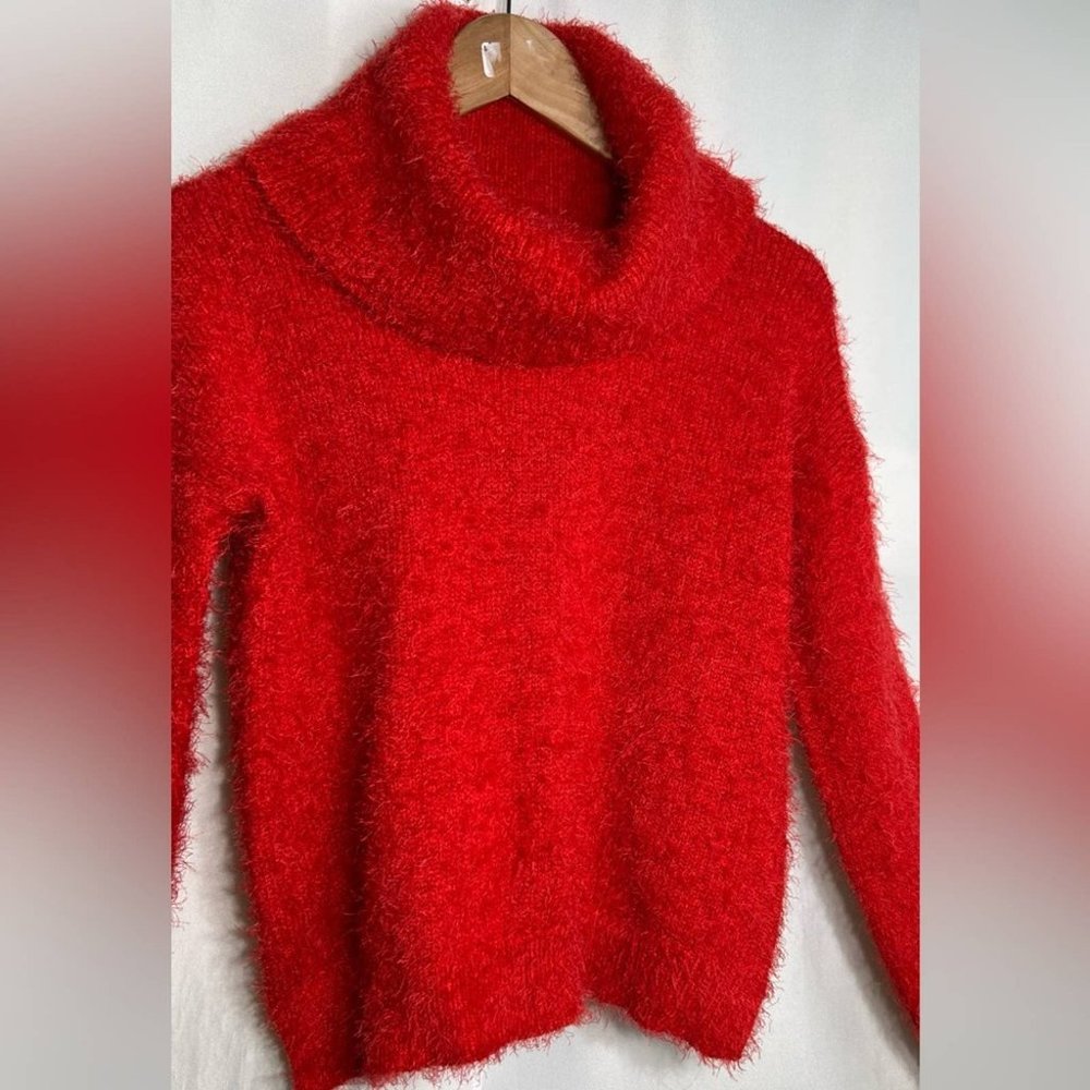 Pink Rose Red Fuzzy Cowl Neck Sweater M